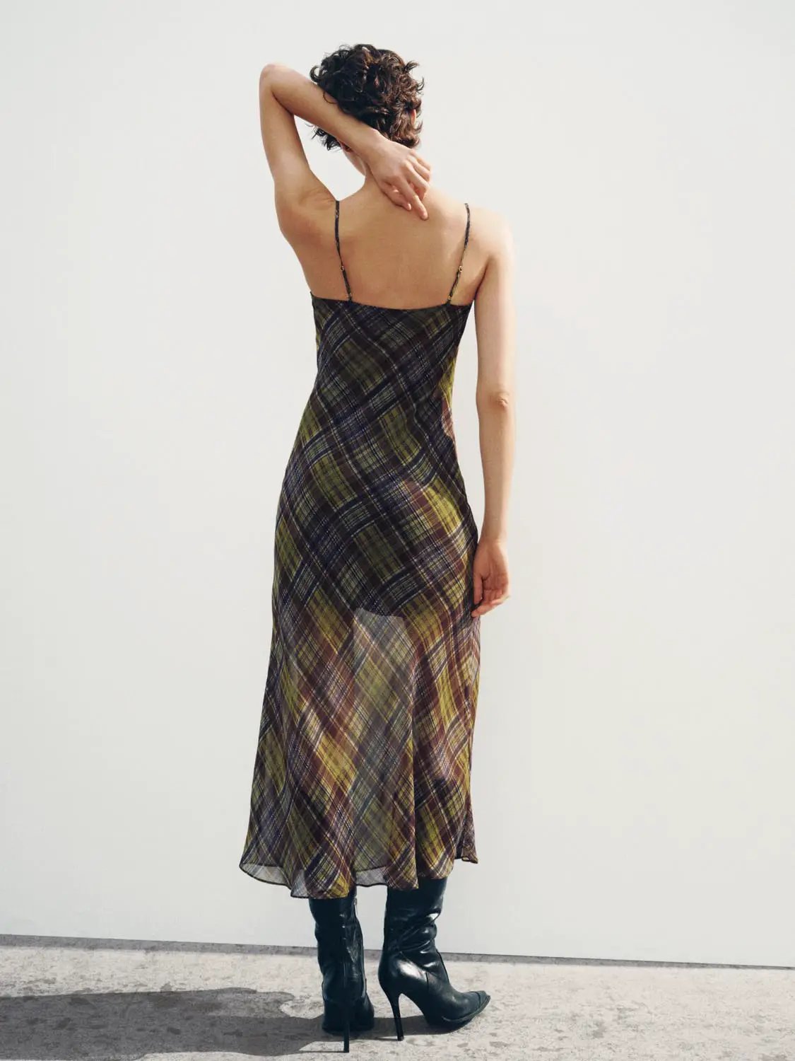 Plaid Cowl Neck Spaghetti Strap A-Line Dress