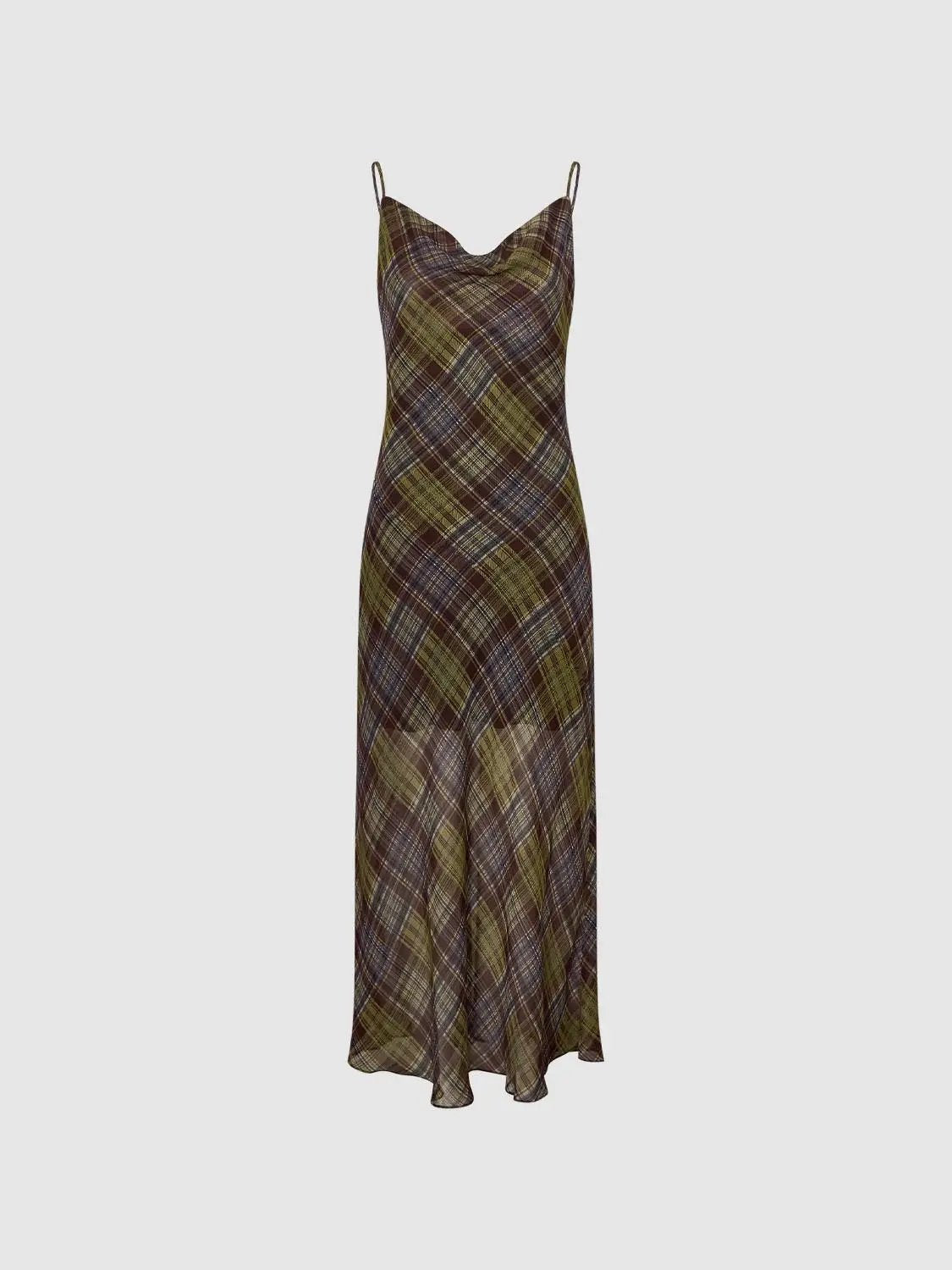 Plaid Cowl Neck Spaghetti Strap A-Line Dress