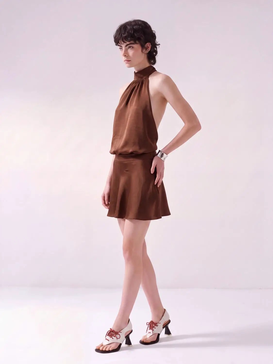 Ruched A-Line Halter Neck Sleeveless Mini Dress