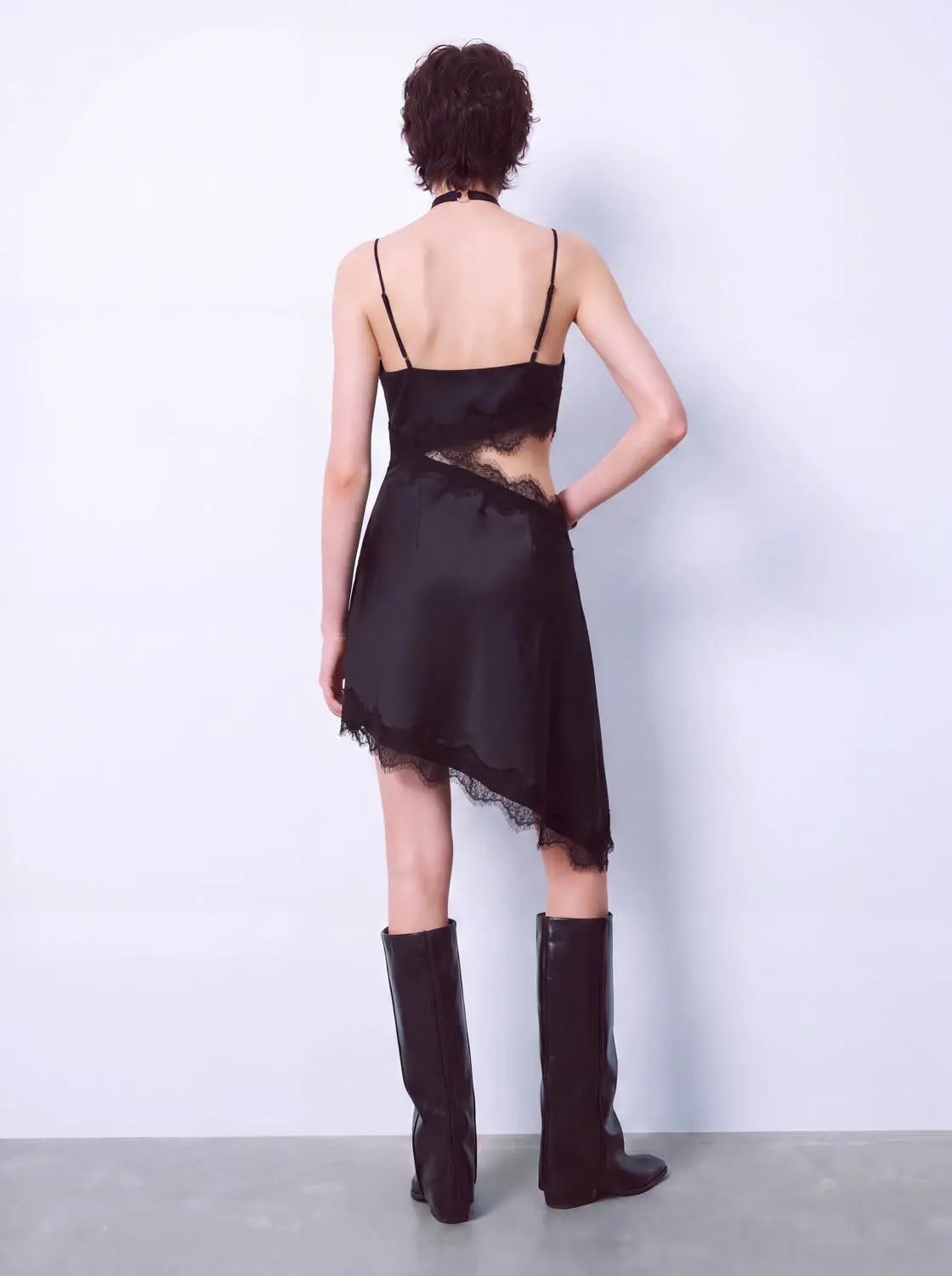 Lace Panelled Asymmetric Cowl Neck Sleeveless Mini Dress