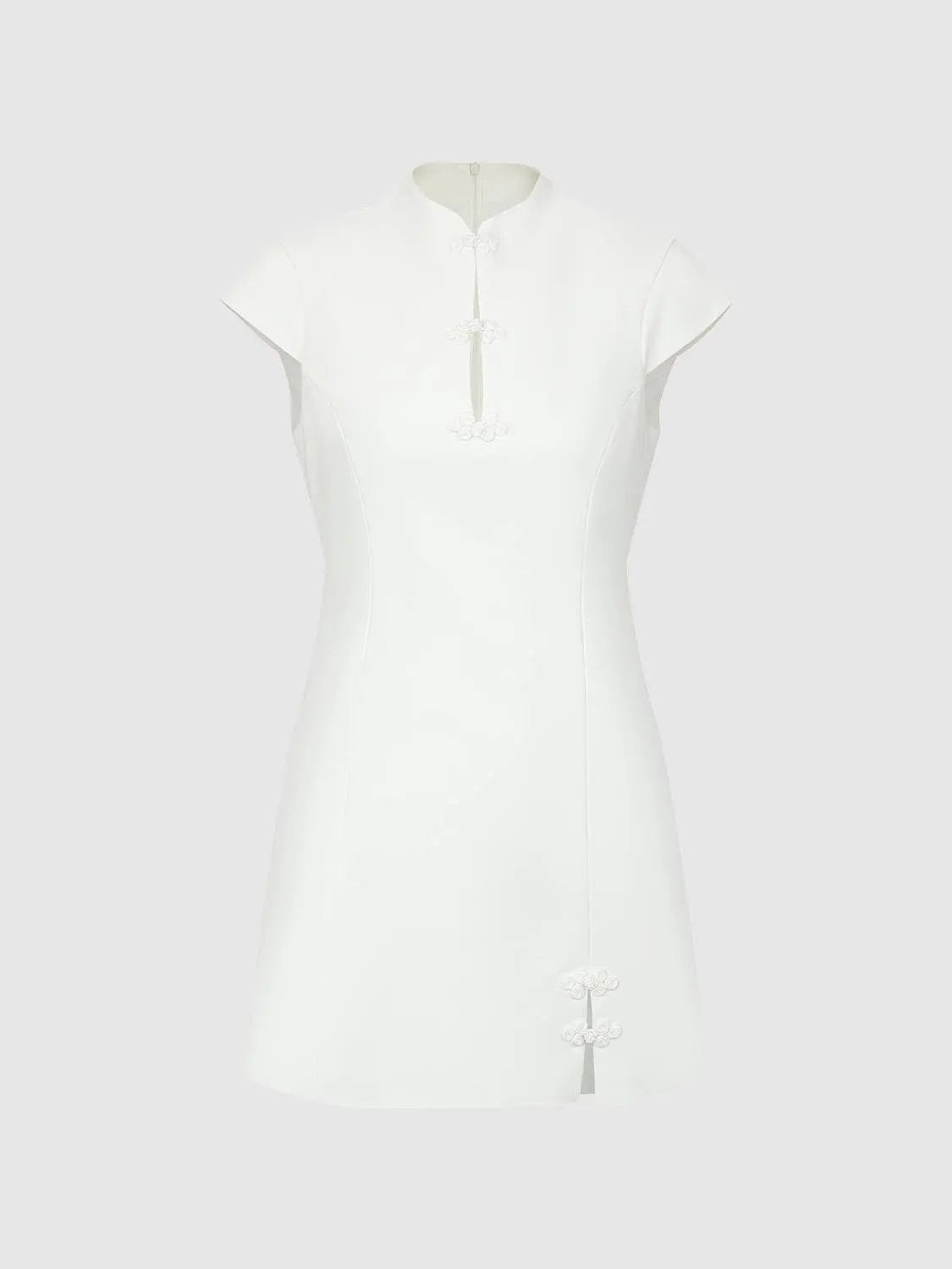 H-Line Mandarin Frog Button Short Sleeve Mini Cotton Dress