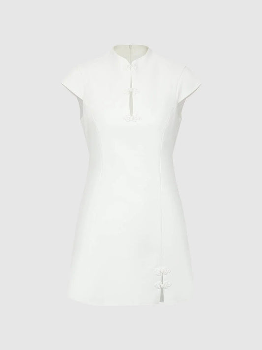 H-Line Mandarin Frog Button Short Sleeve Mini Cotton Dress