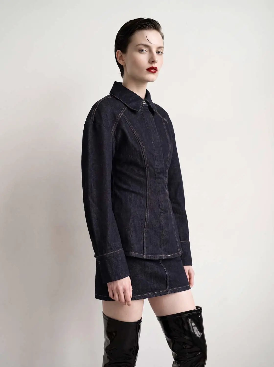 Drop Shoulder Sleeve Skinny Denim Shirt