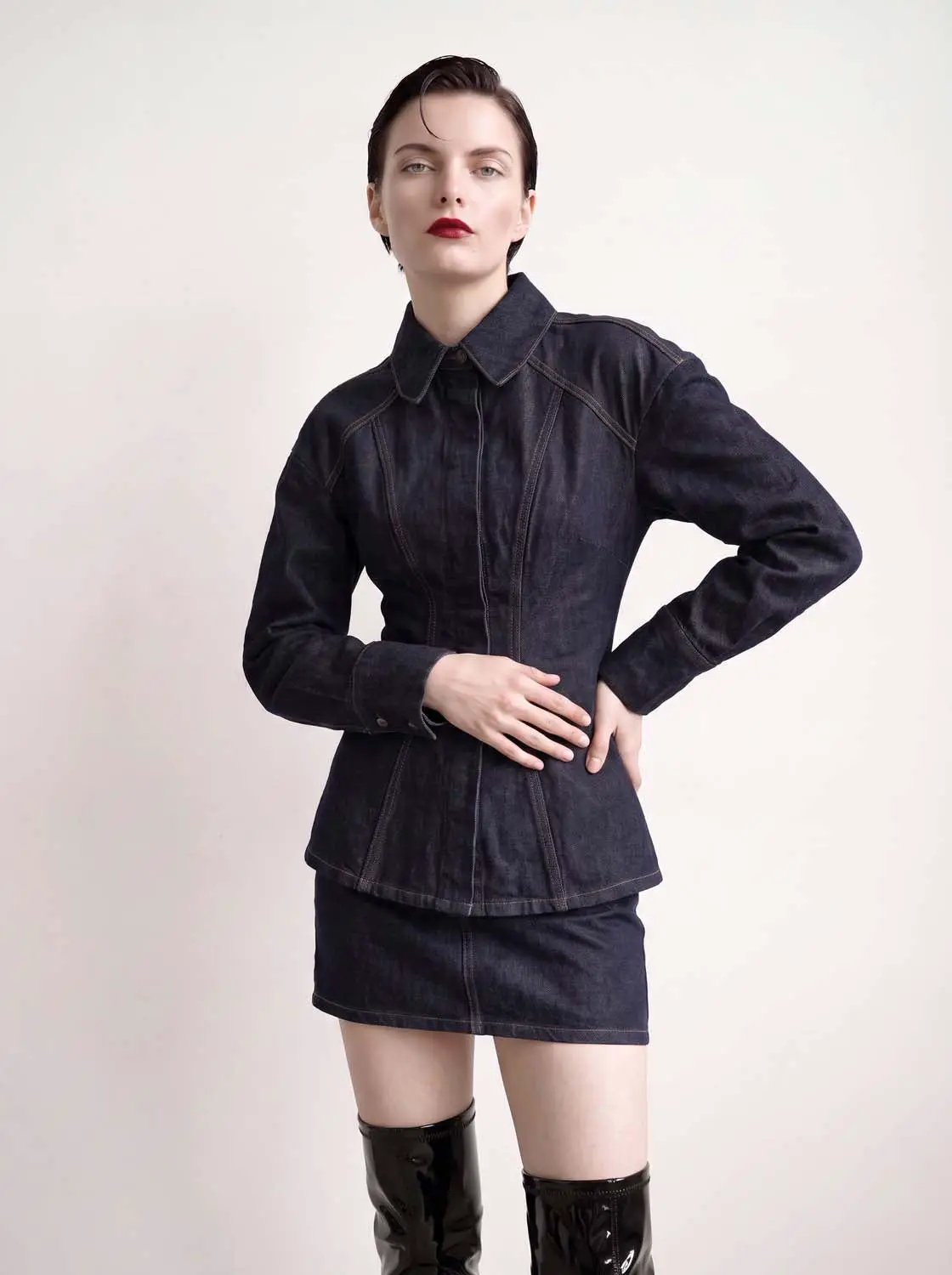 Drop Shoulder Sleeve Skinny Denim Shirt