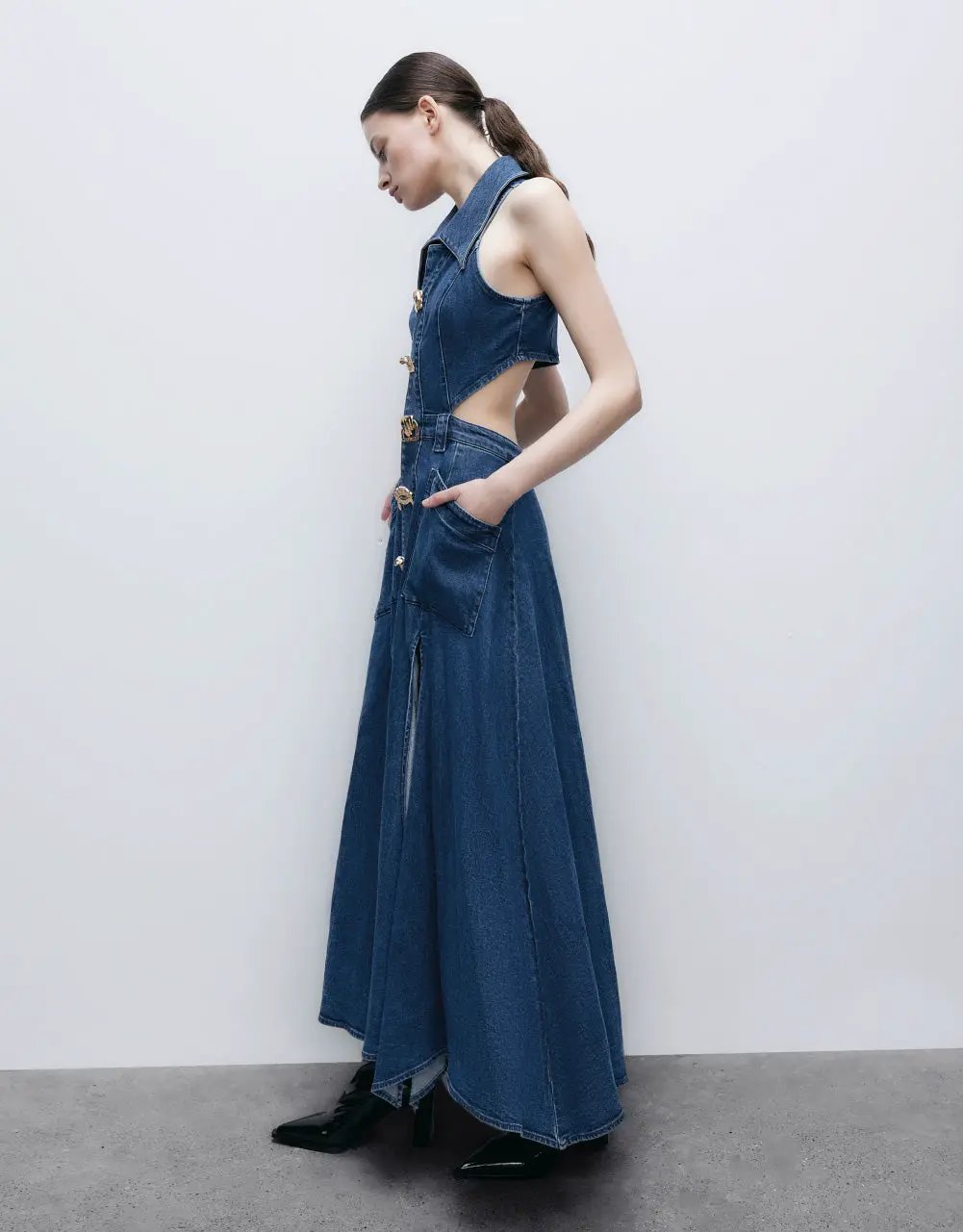 Sleeveless Lapel Collar Cutout Split Maxi Denim Dress