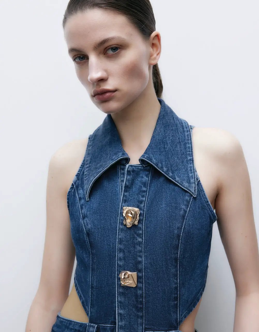 Sleeveless Lapel Collar Cutout Split Maxi Denim Dress