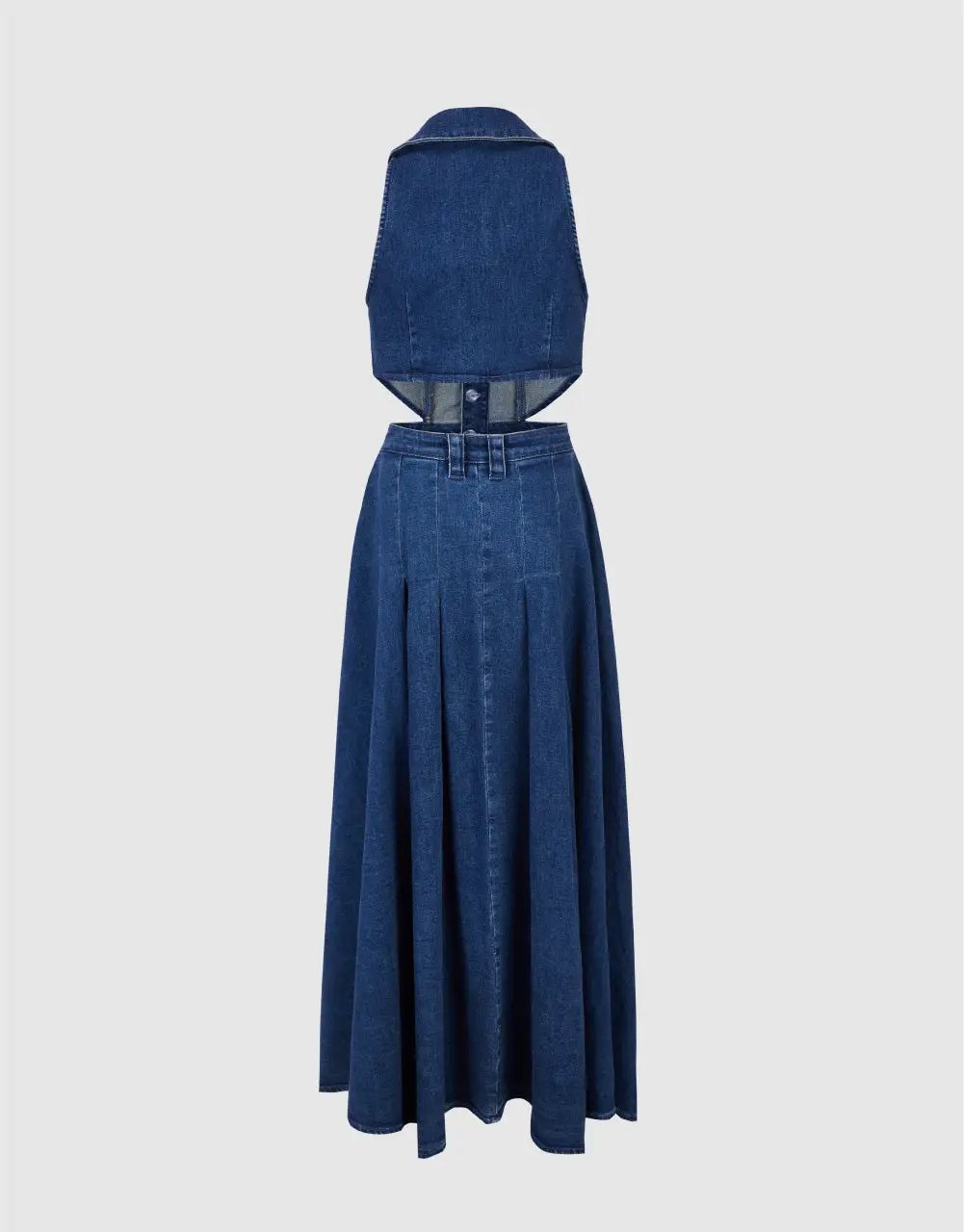 Sleeveless Lapel Collar Cutout Split Maxi Denim Dress