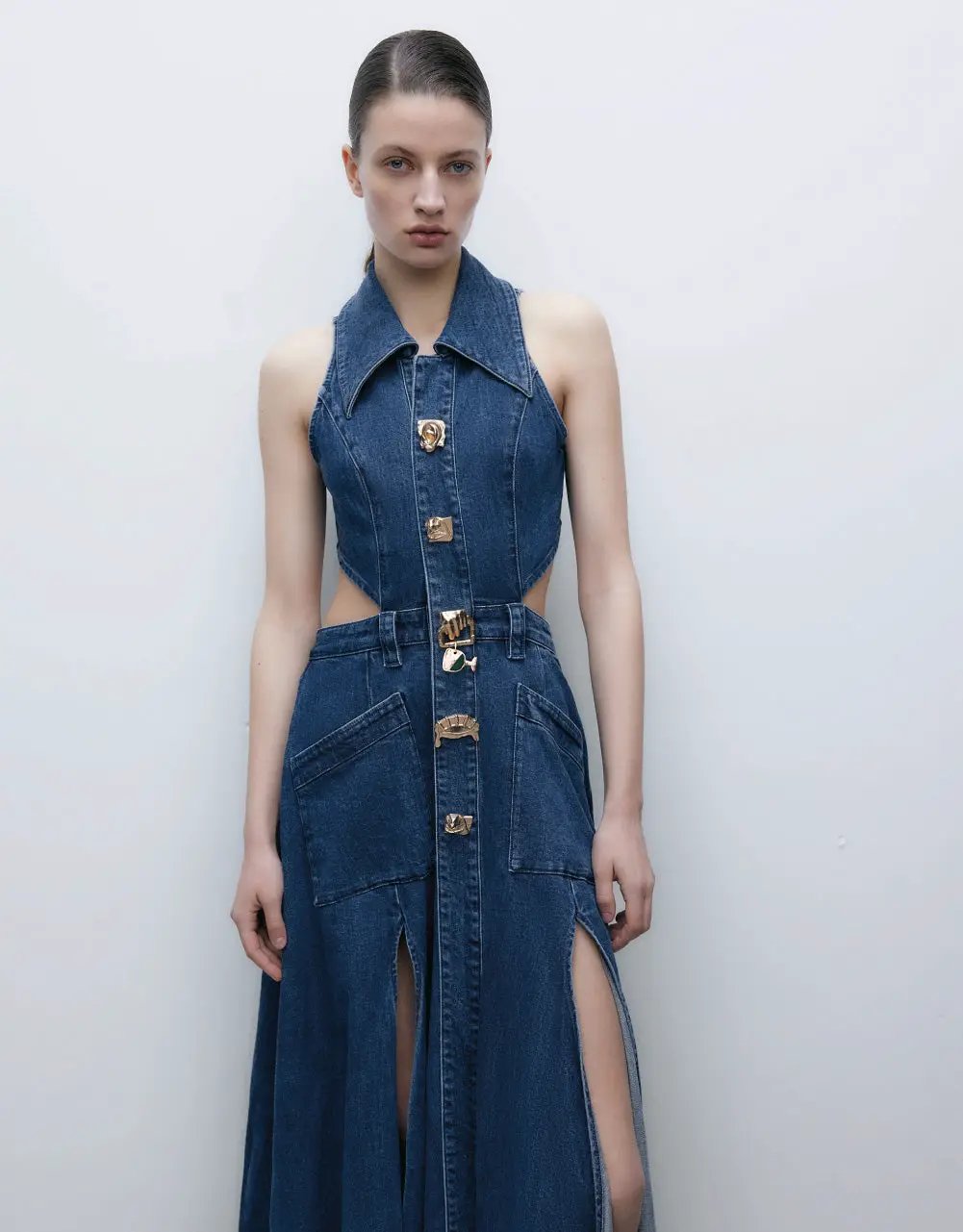 Sleeveless Lapel Collar Cutout Split Maxi Denim Dress