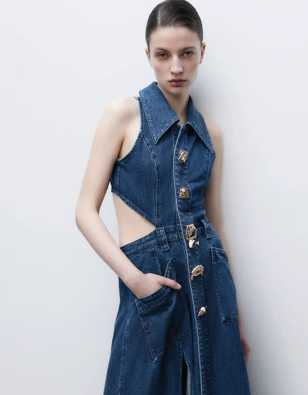 Sleeveless Lapel Collar Cutout Split Maxi Denim Dress