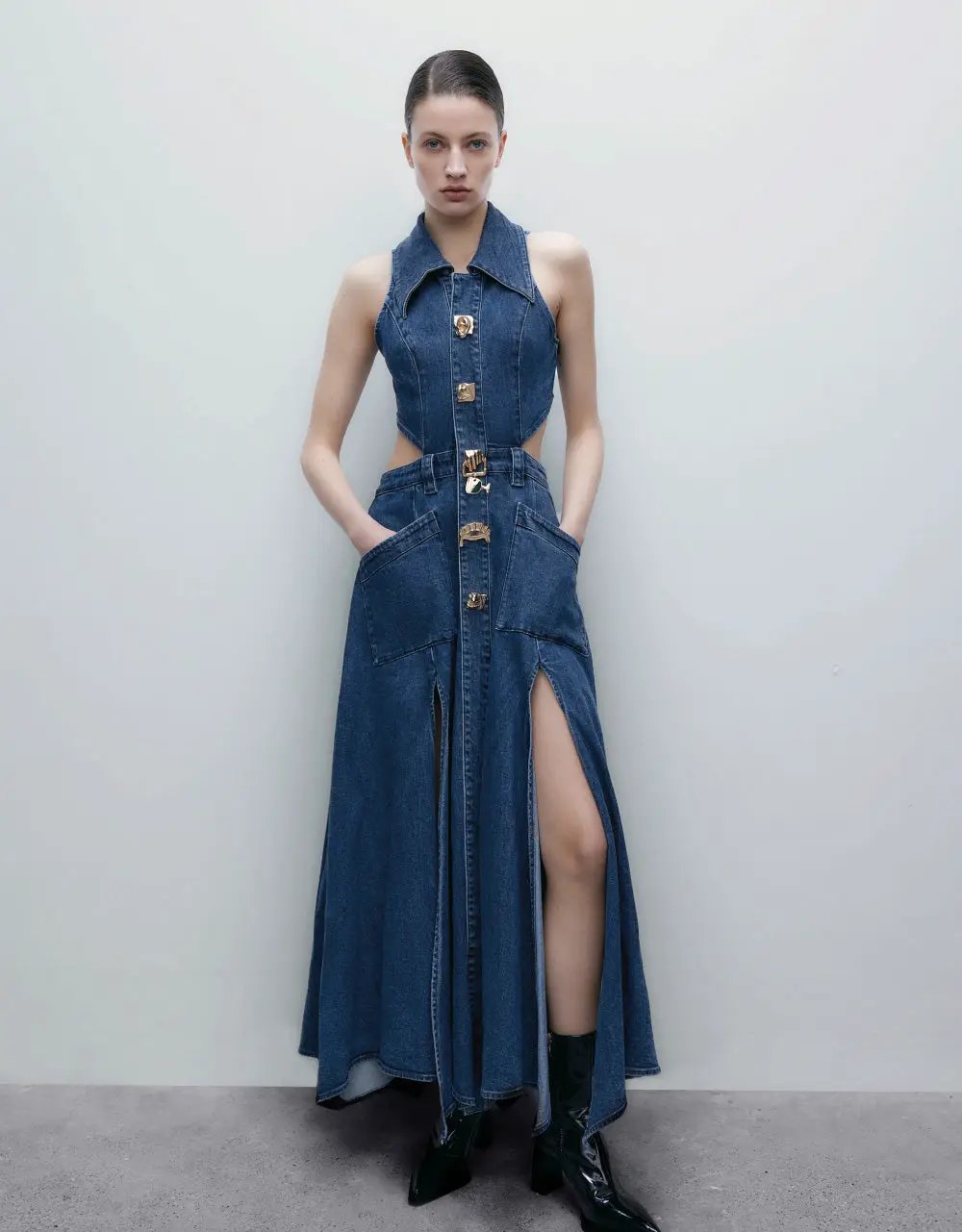 Sleeveless Lapel Collar Cutout Split Maxi Denim Dress