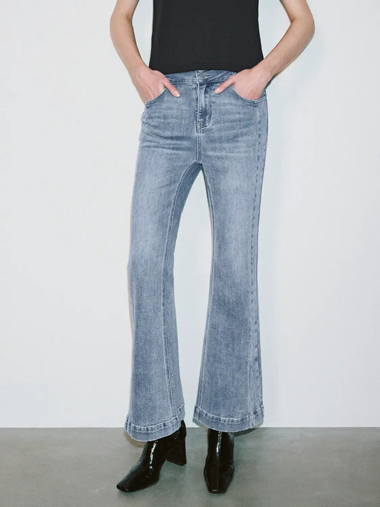 High Waist Washed Flared Ankle Length Denim Pants