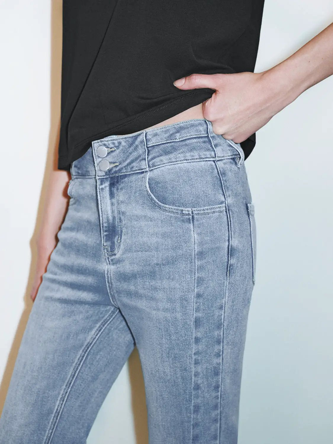 High Waist Washed Flared Ankle Length Denim Pants