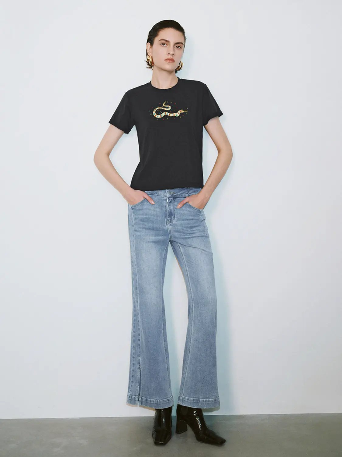 High Waist Washed Flared Ankle Length Denim Pants