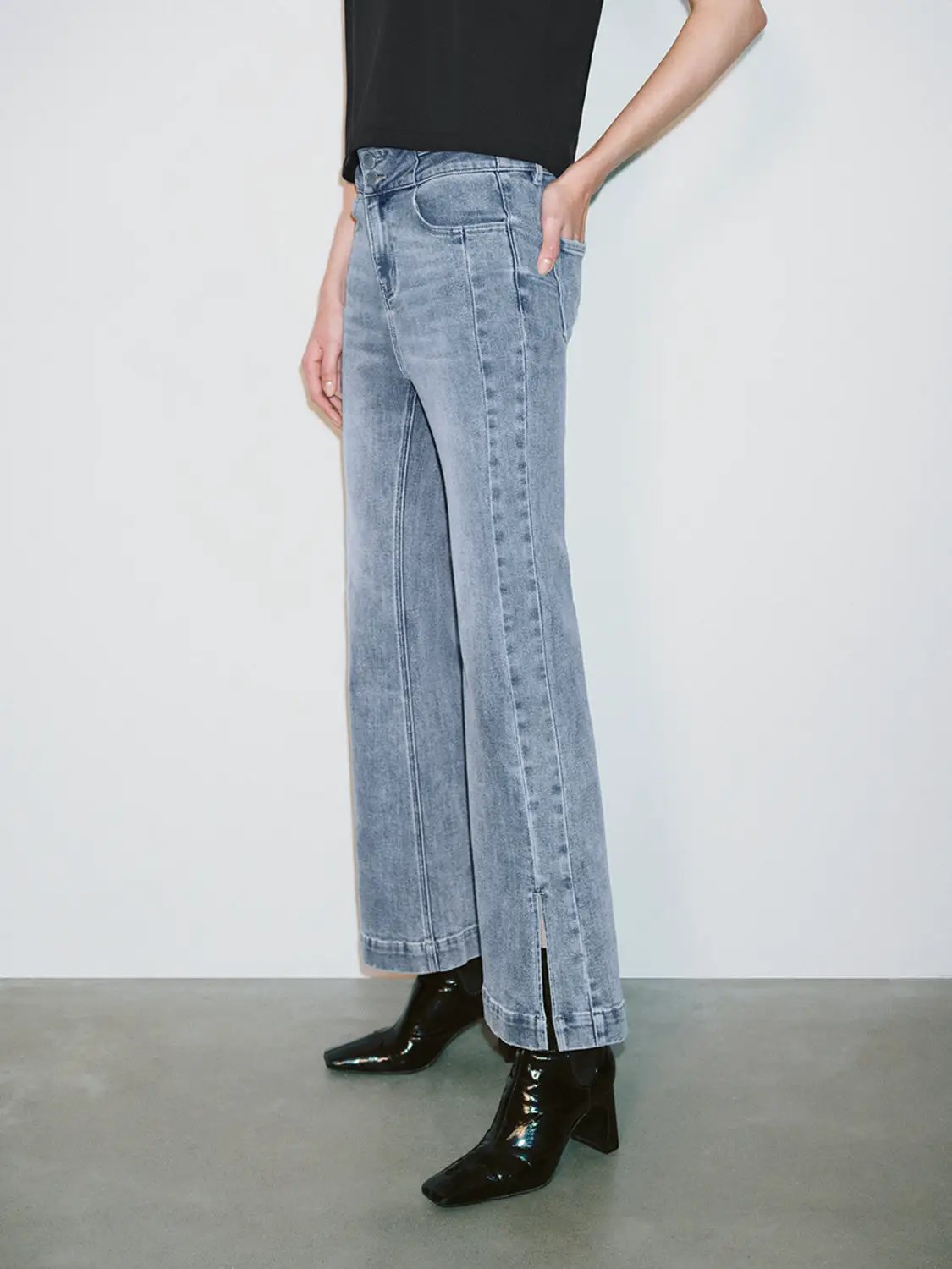 High Waist Washed Flared Ankle Length Denim Pants