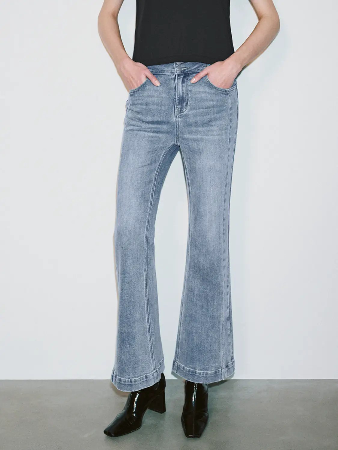 High Waist Washed Flared Ankle Length Denim Pants