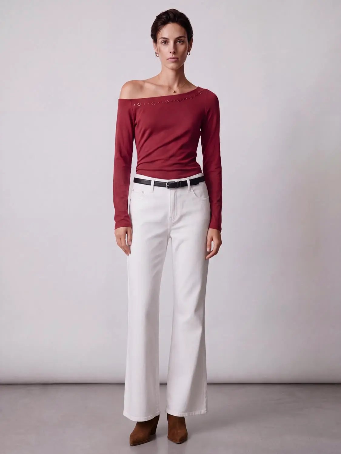 Mid Rise Belt Loop Cotton Stretch Flared Jeans