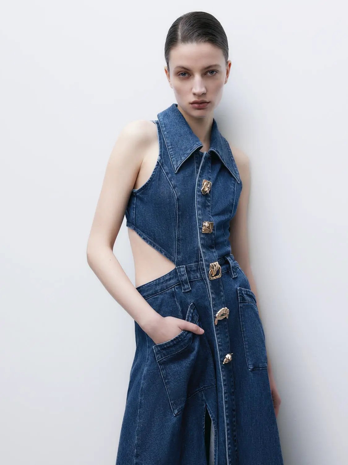Point Collar Cut-Out Sleeveless Cotton Denim Maxi Dress