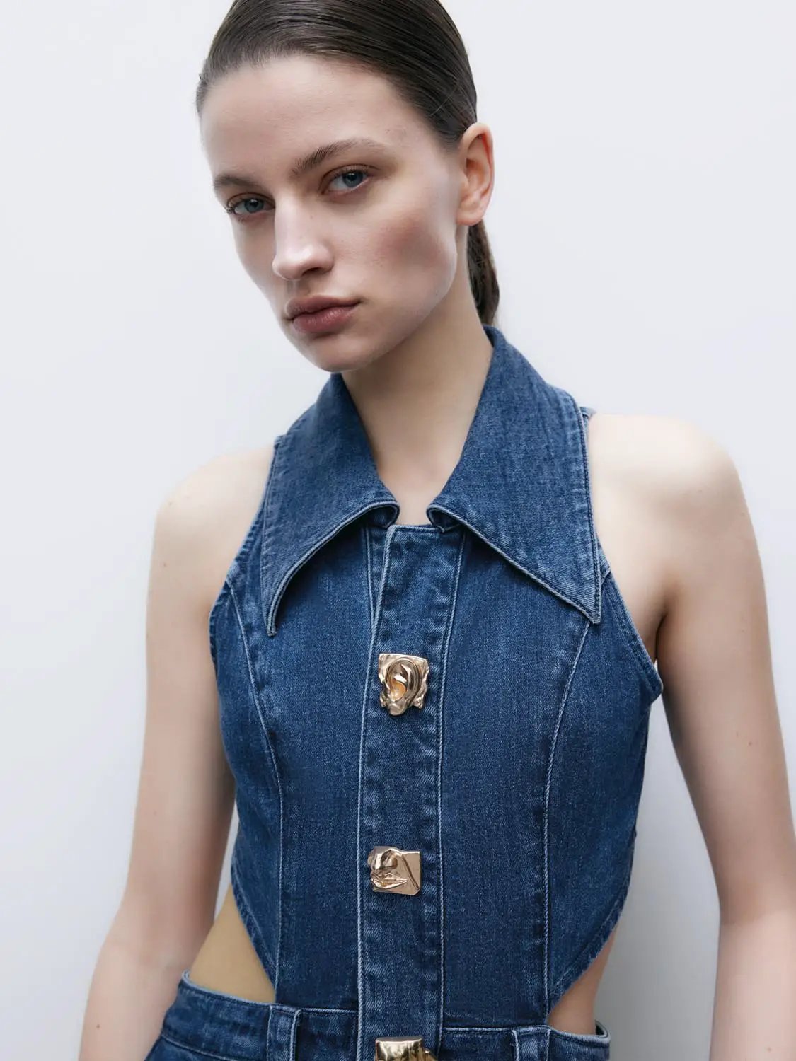 Point Collar Cut-Out Sleeveless Cotton Denim Maxi Dress