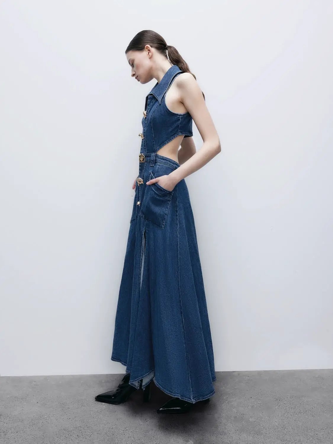 Point Collar Cut-Out Sleeveless Cotton Denim Maxi Dress