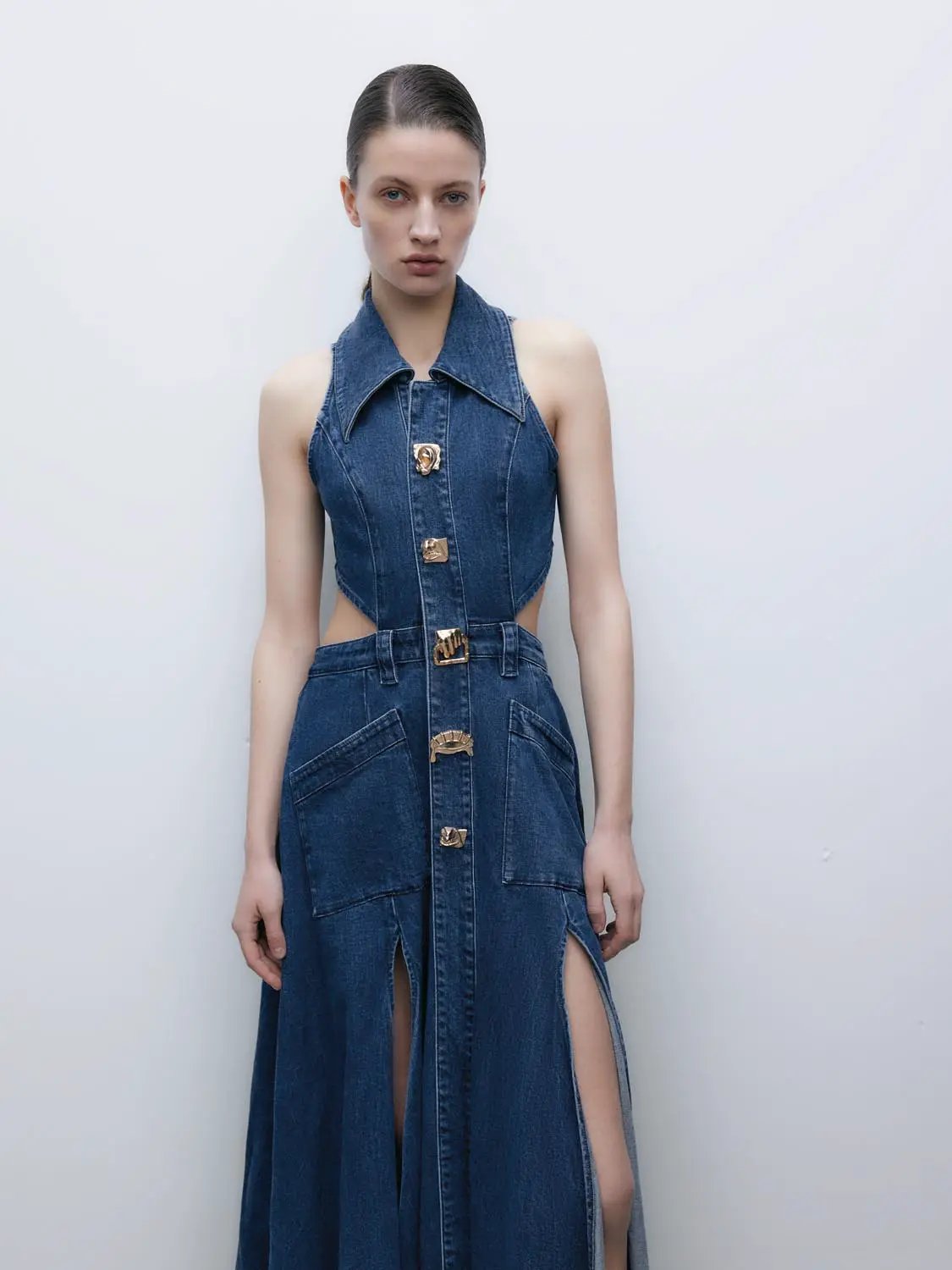 Point Collar Cut-Out Sleeveless Cotton Denim Maxi Dress