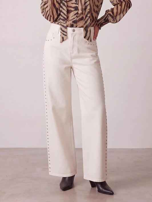 High Waist Wide Leg Studded Side Seams Cotton Jeans
