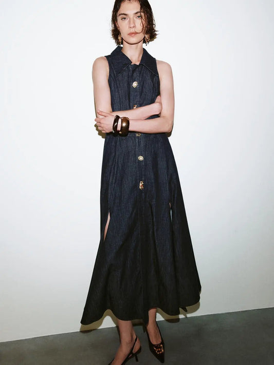 Pleated Sleeveless Button Detail Denim Maxi Dress