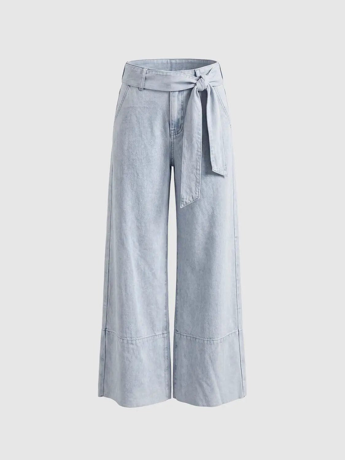 High Waist Tie Belt Washed Wide Leg Denim Pants