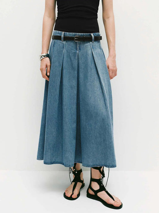 High Waist Pleated Belted Cotton Denim Midi Skirt