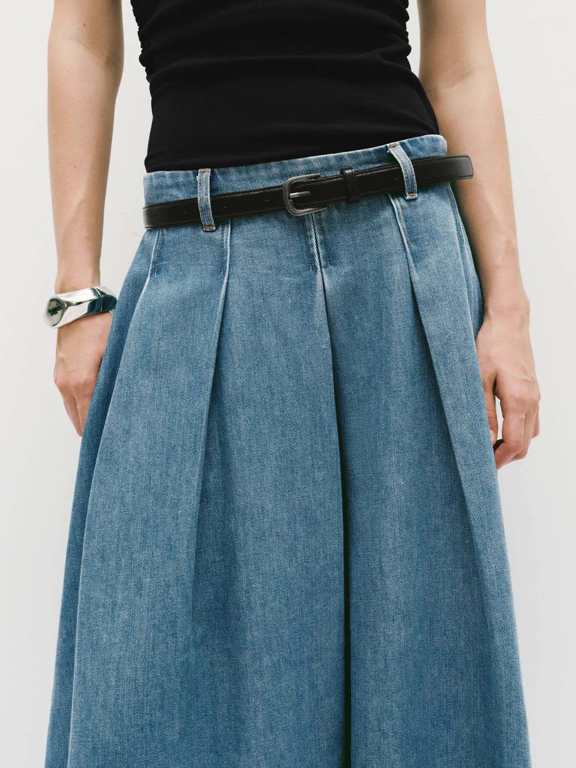 High Waist Pleated Belted Cotton Denim Midi Skirt