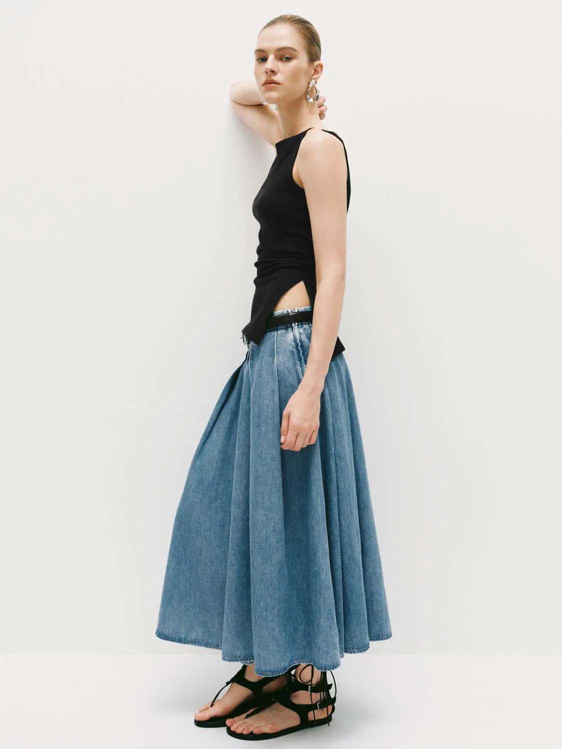 High Waist Pleated Belted Cotton Denim Midi Skirt