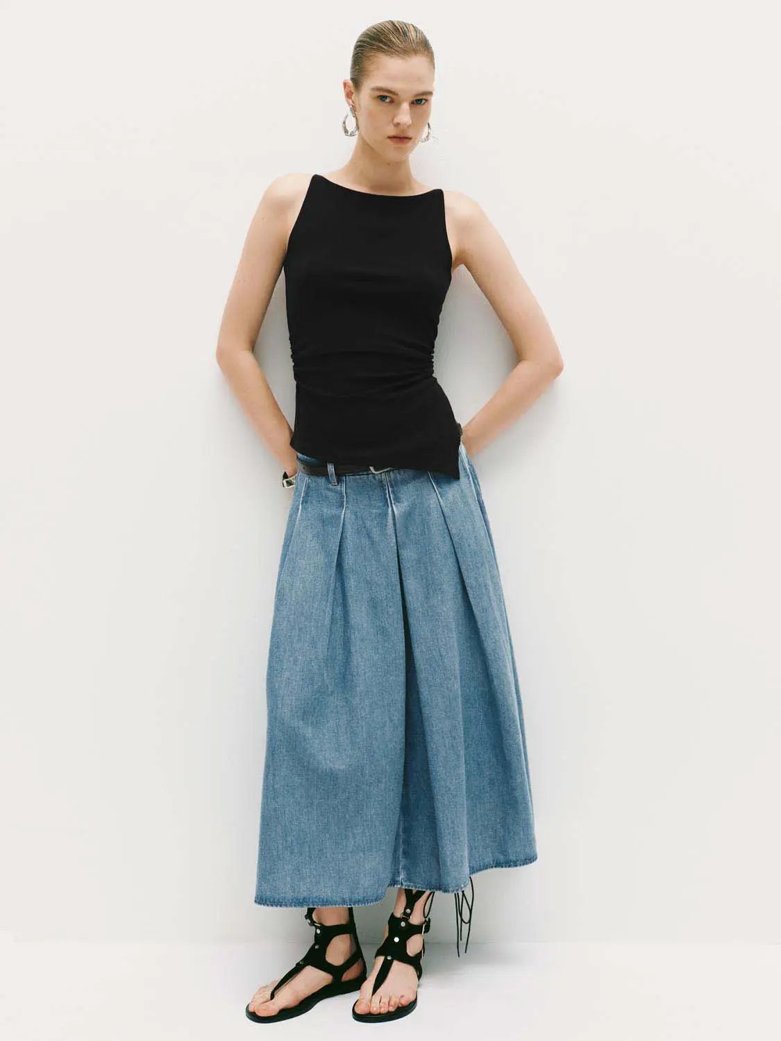 High Waist Pleated Belted Cotton Denim Midi Skirt