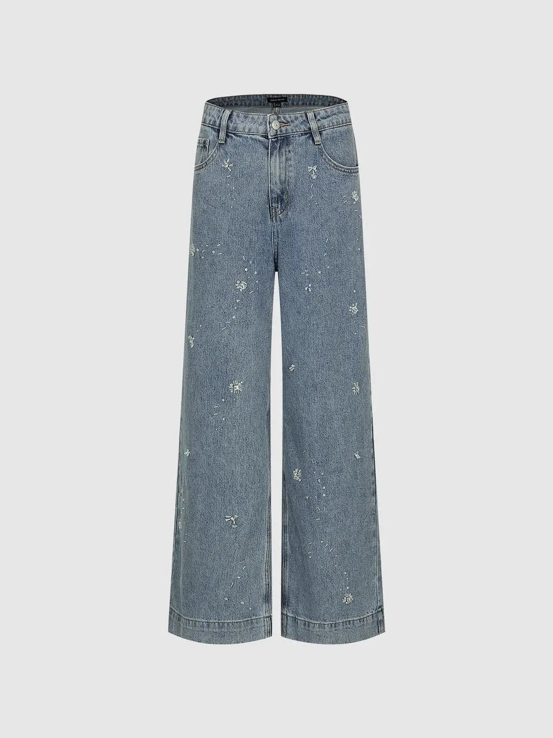 Embroidered Floral Mid-rise Wide-leg Jeans