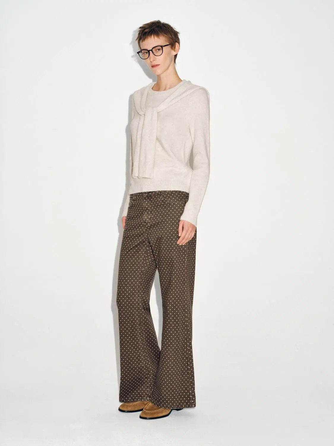 Polka Dot Wide-leg High-waisted Cotton Blend Pants