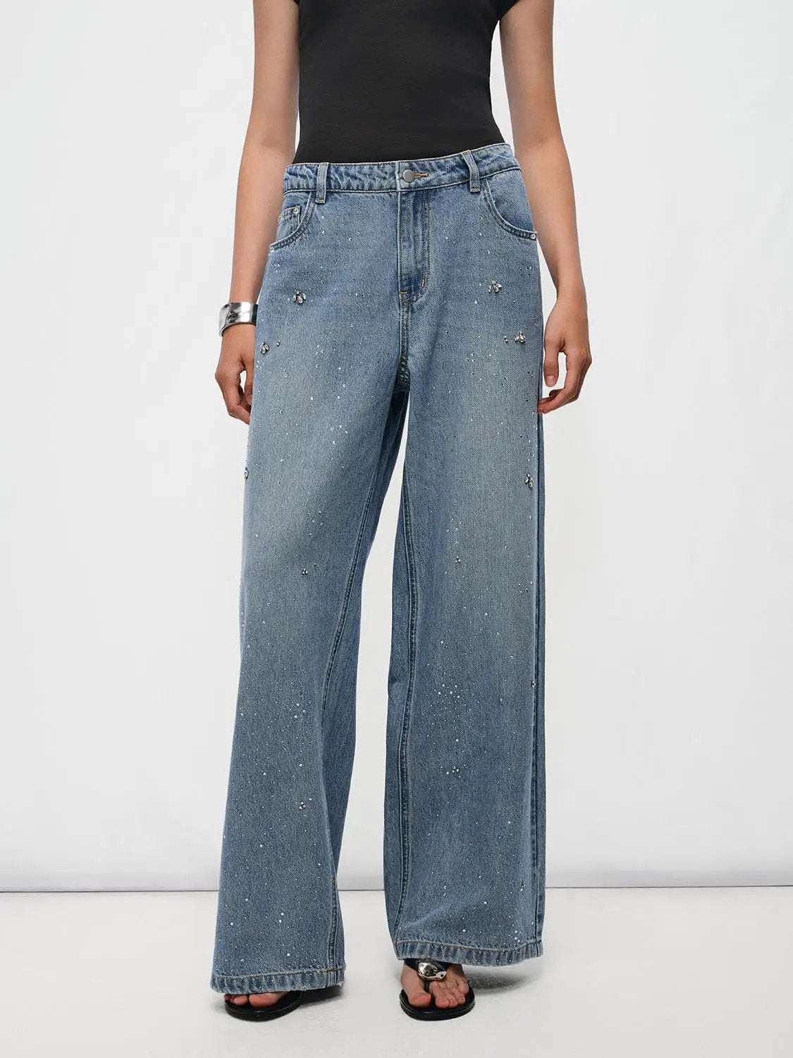Rhinestone Light Wash Wide-leg High-waisted Cotton Jeans