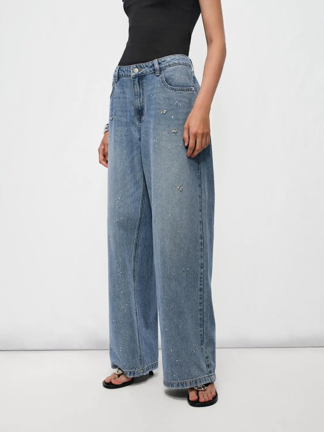 Rhinestone Light Wash Wide-leg High-waisted Cotton Jeans