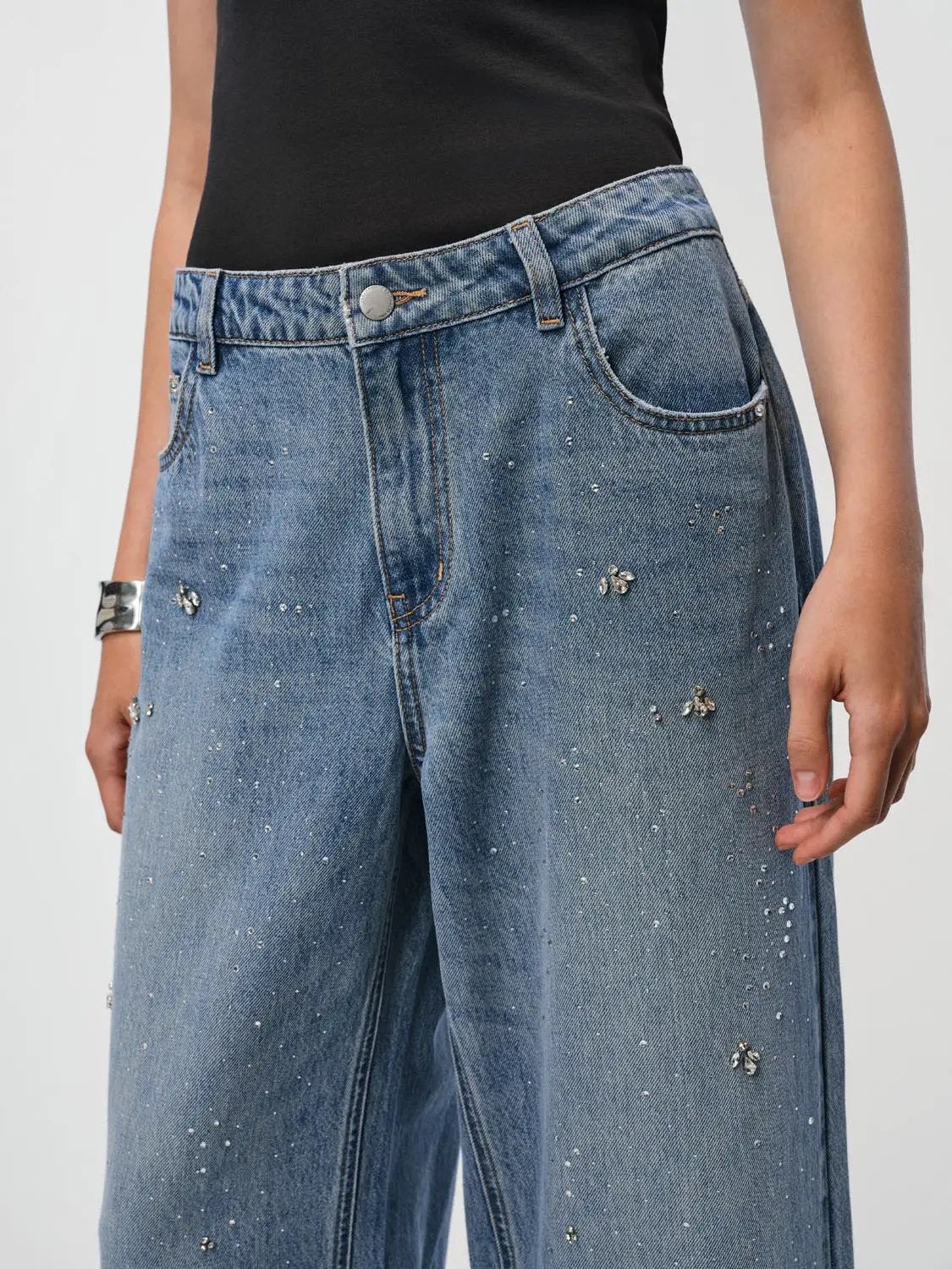 Rhinestone Light Wash Wide-leg High-waisted Cotton Jeans