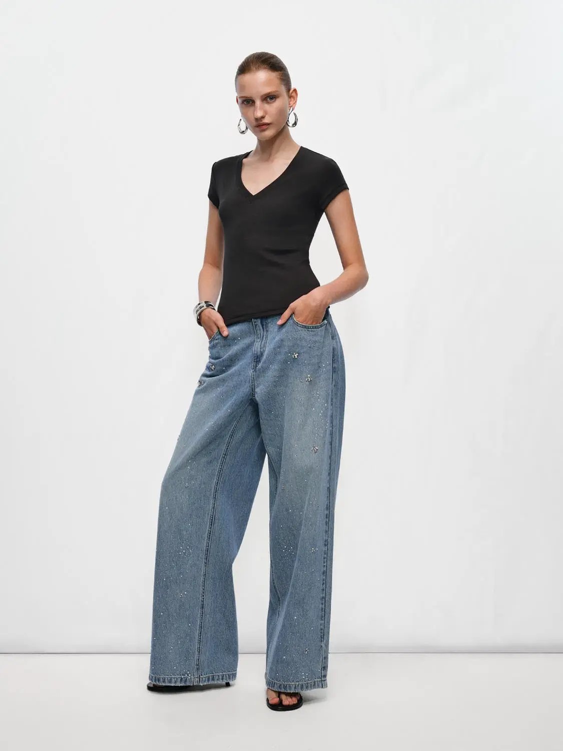 Rhinestone Light Wash Wide-leg High-waisted Cotton Jeans