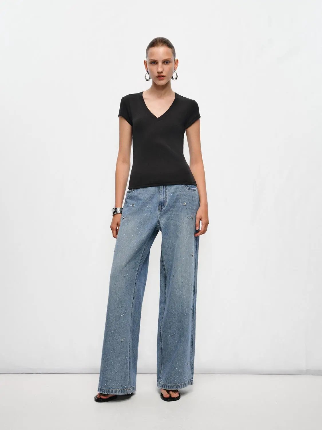Rhinestone Light Wash Wide-leg High-waisted Cotton Jeans
