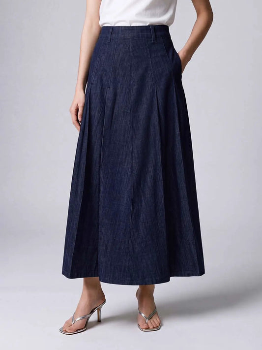 Structured Pleated Cotton Belted Maxi Skirt