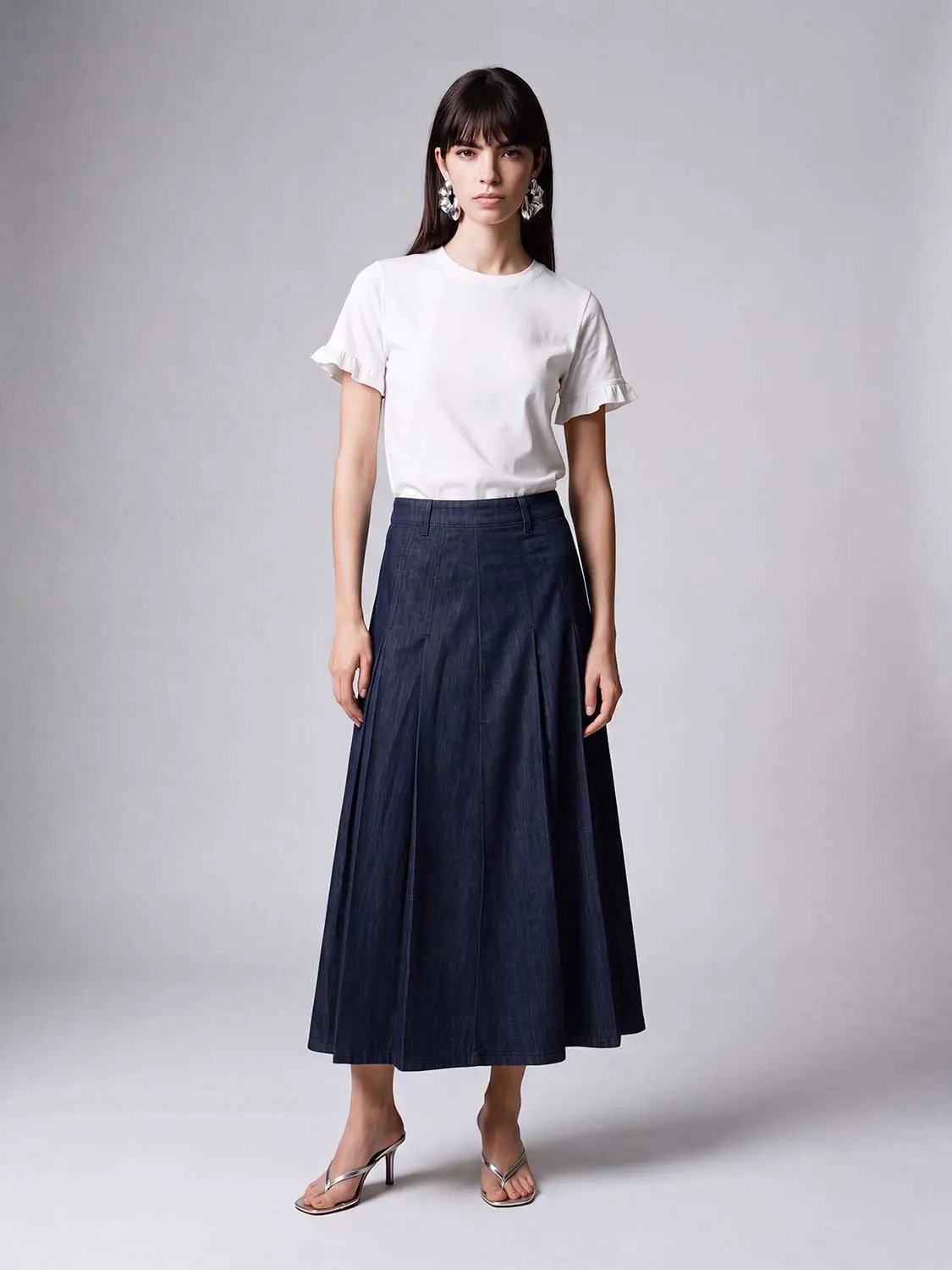 Structured Pleated Cotton Belted Maxi Skirt