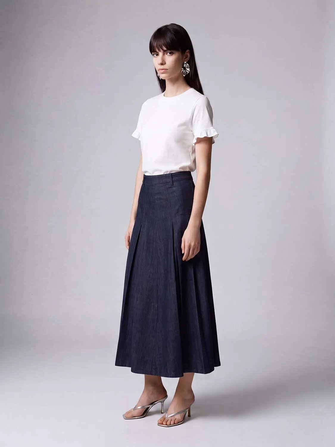 Structured Pleated Cotton Belted Maxi Skirt