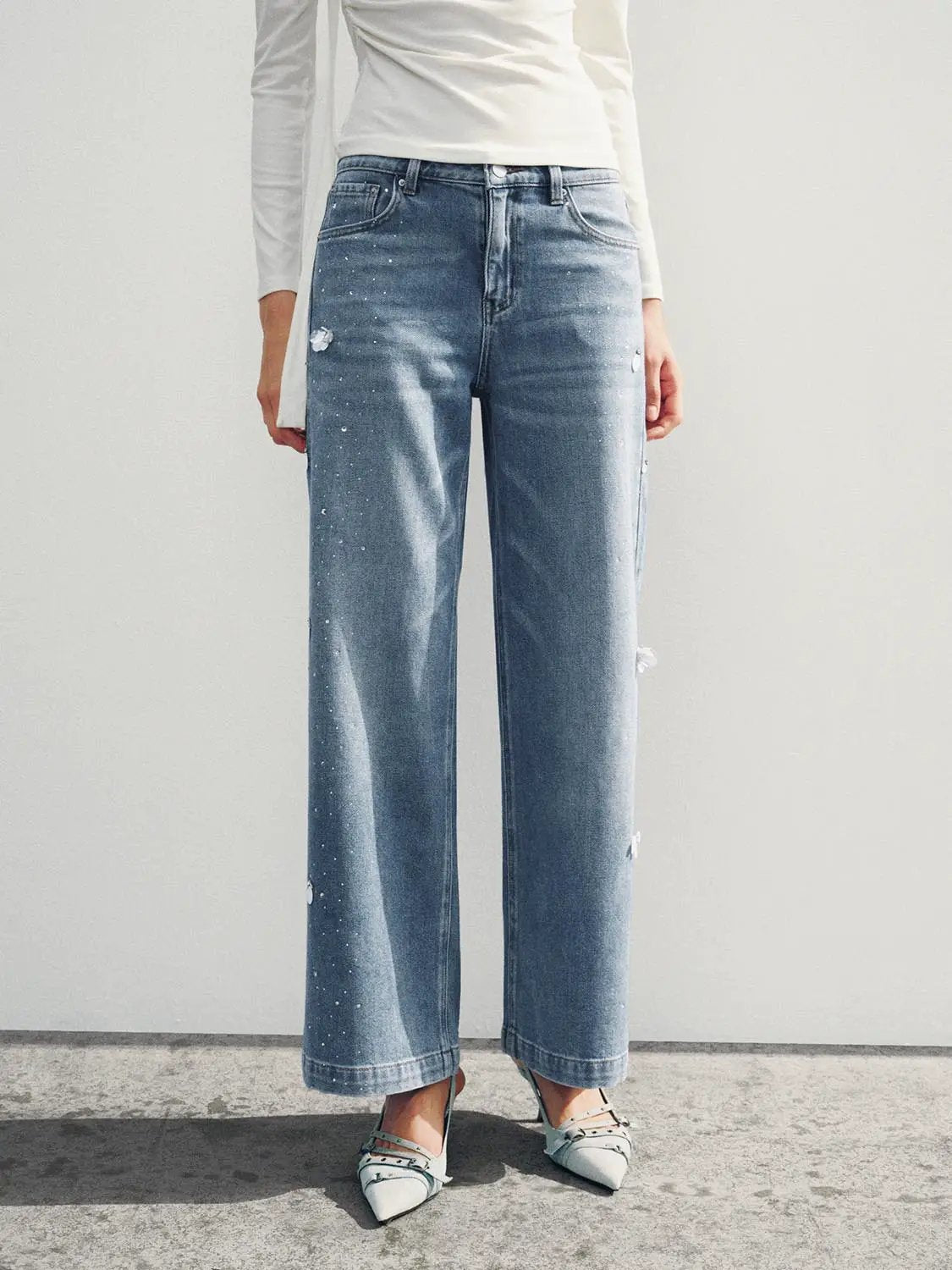 High-waisted Distressed Printed Cotton Blend Wide-leg Jeans