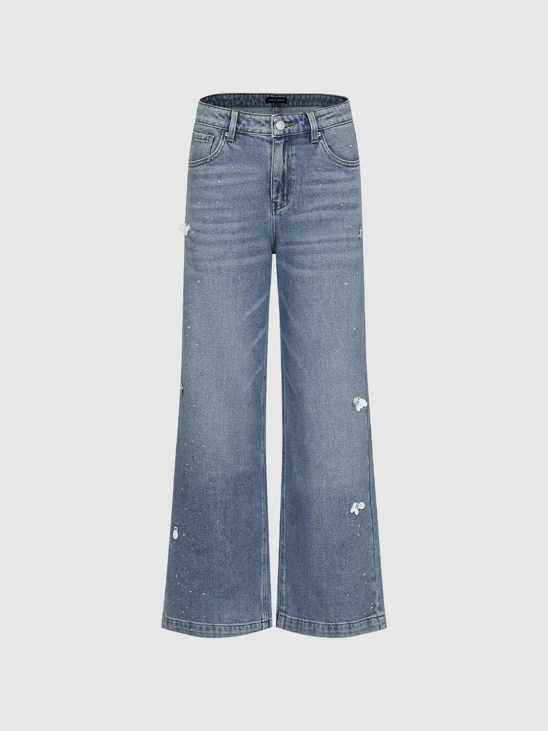 High-waisted Distressed Printed Cotton Blend Wide-leg Jeans