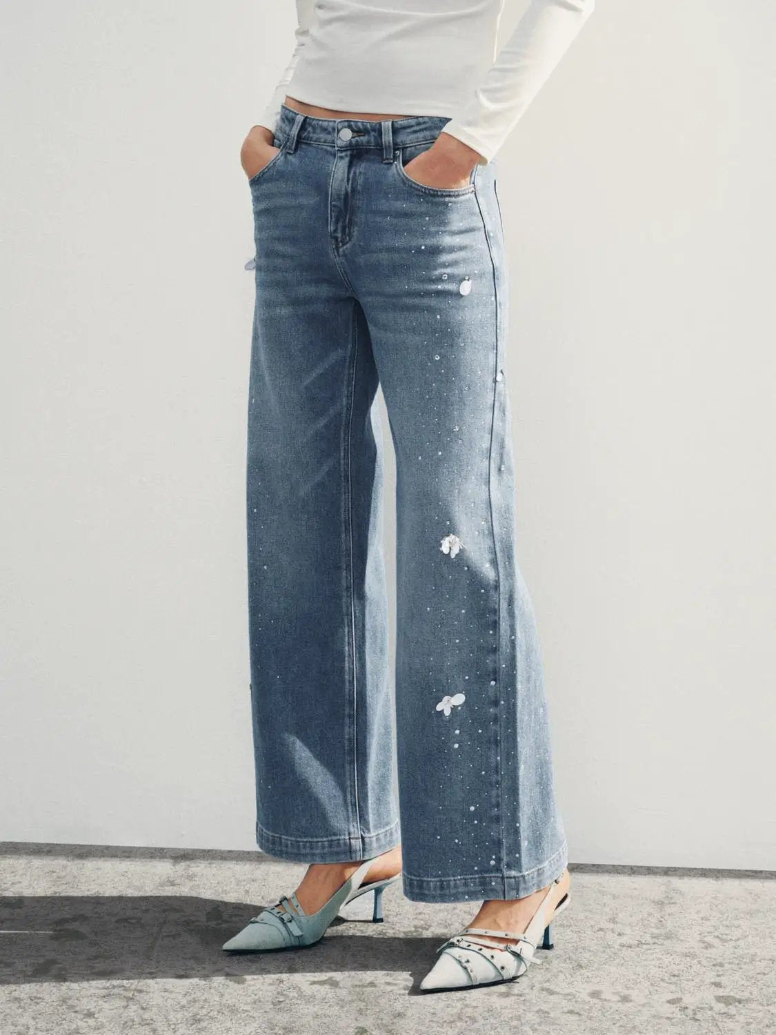 High-waisted Distressed Printed Cotton Blend Wide-leg Jeans