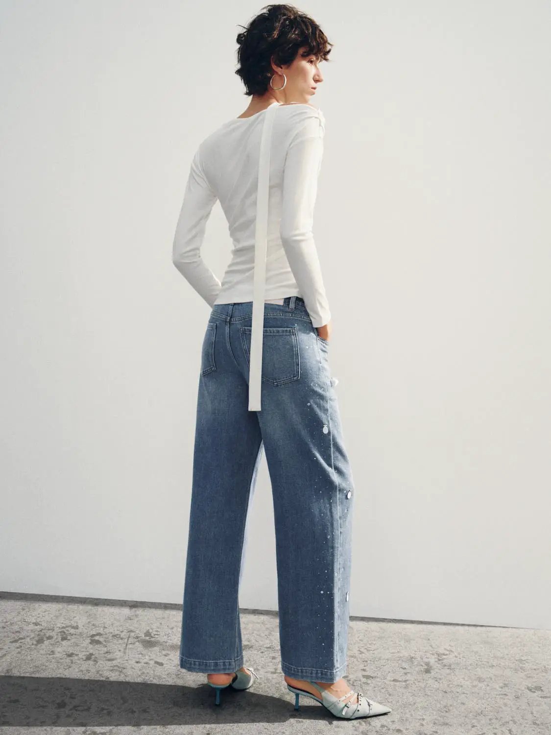 High-waisted Distressed Printed Cotton Blend Wide-leg Jeans