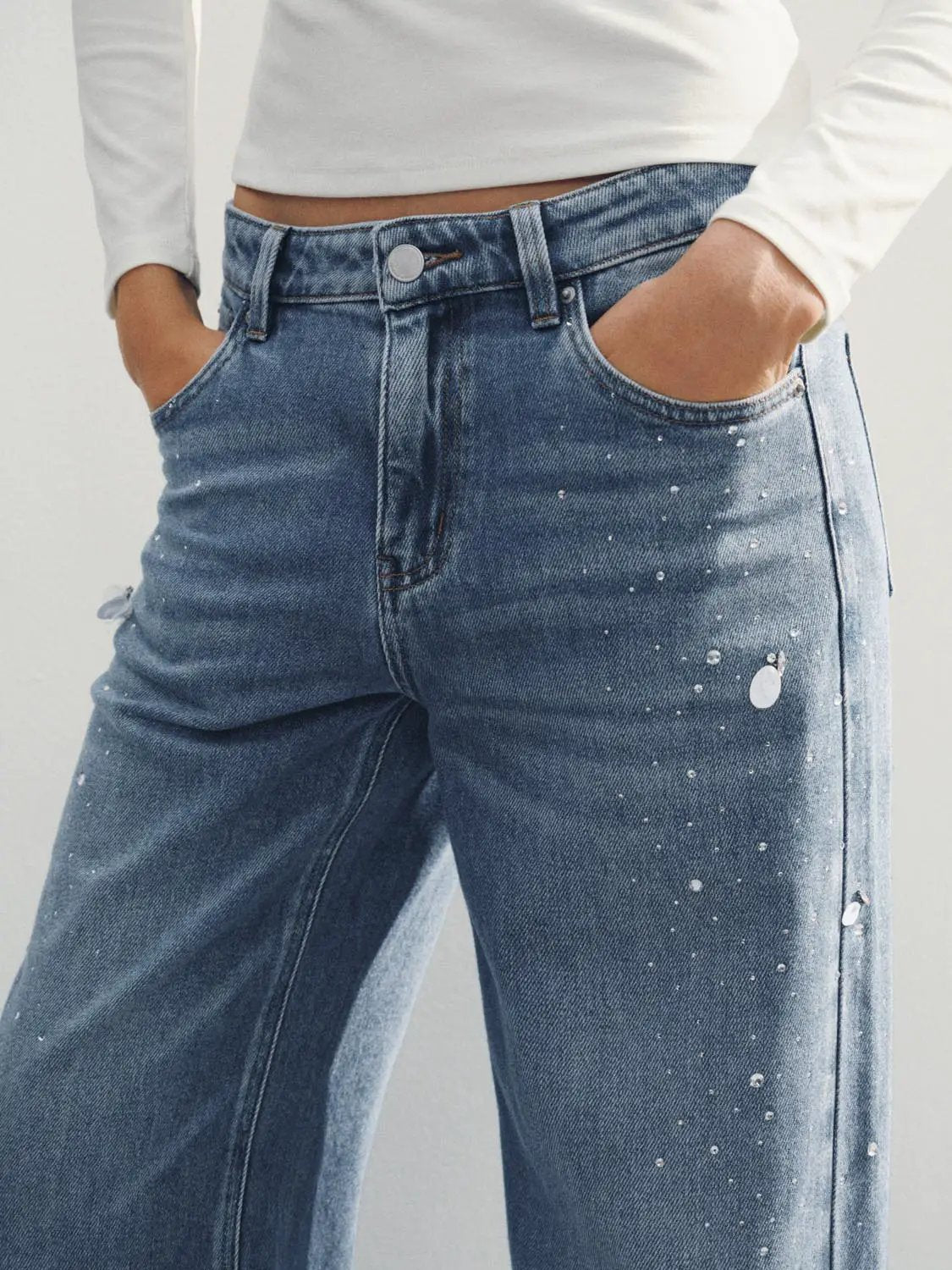 High-waisted Distressed Printed Cotton Blend Wide-leg Jeans