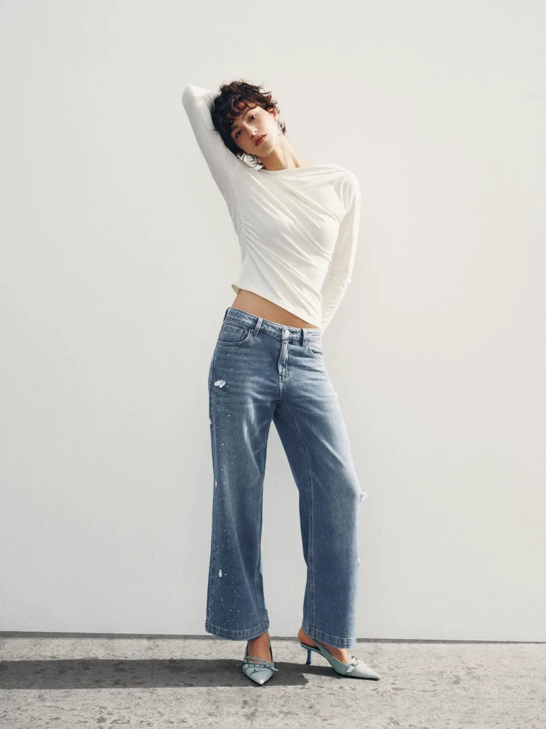 High-waisted Distressed Printed Cotton Blend Wide-leg Jeans