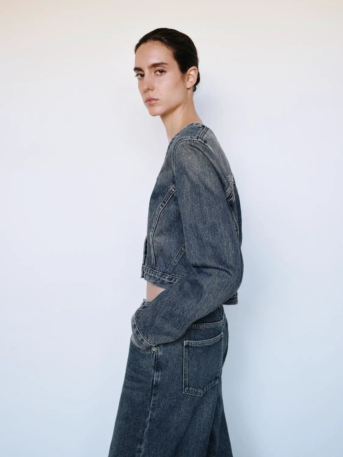 Square Neck Long Sleeve Cotton Denim Jacket