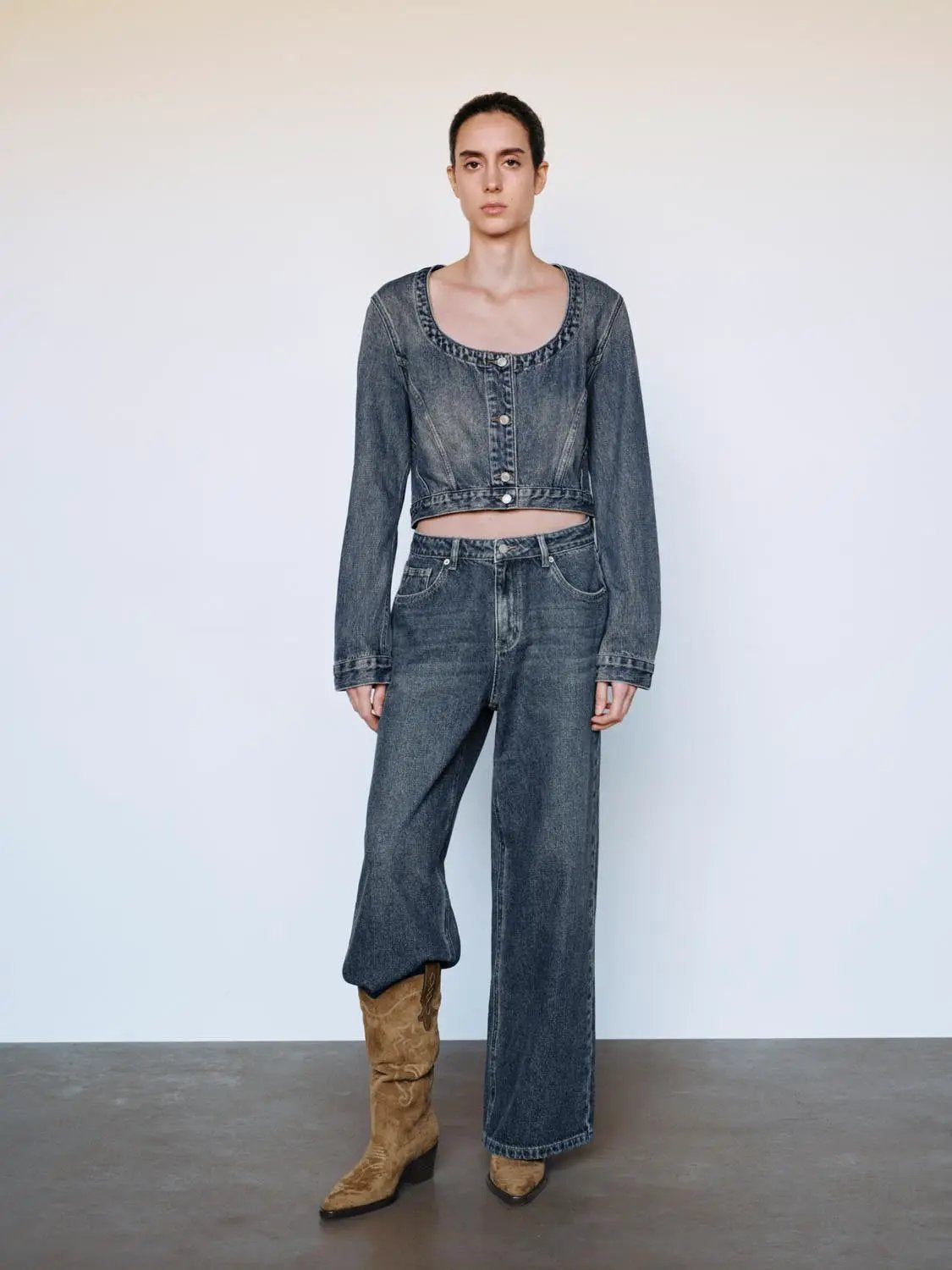 Square Neck Long Sleeve Cotton Denim Jacket