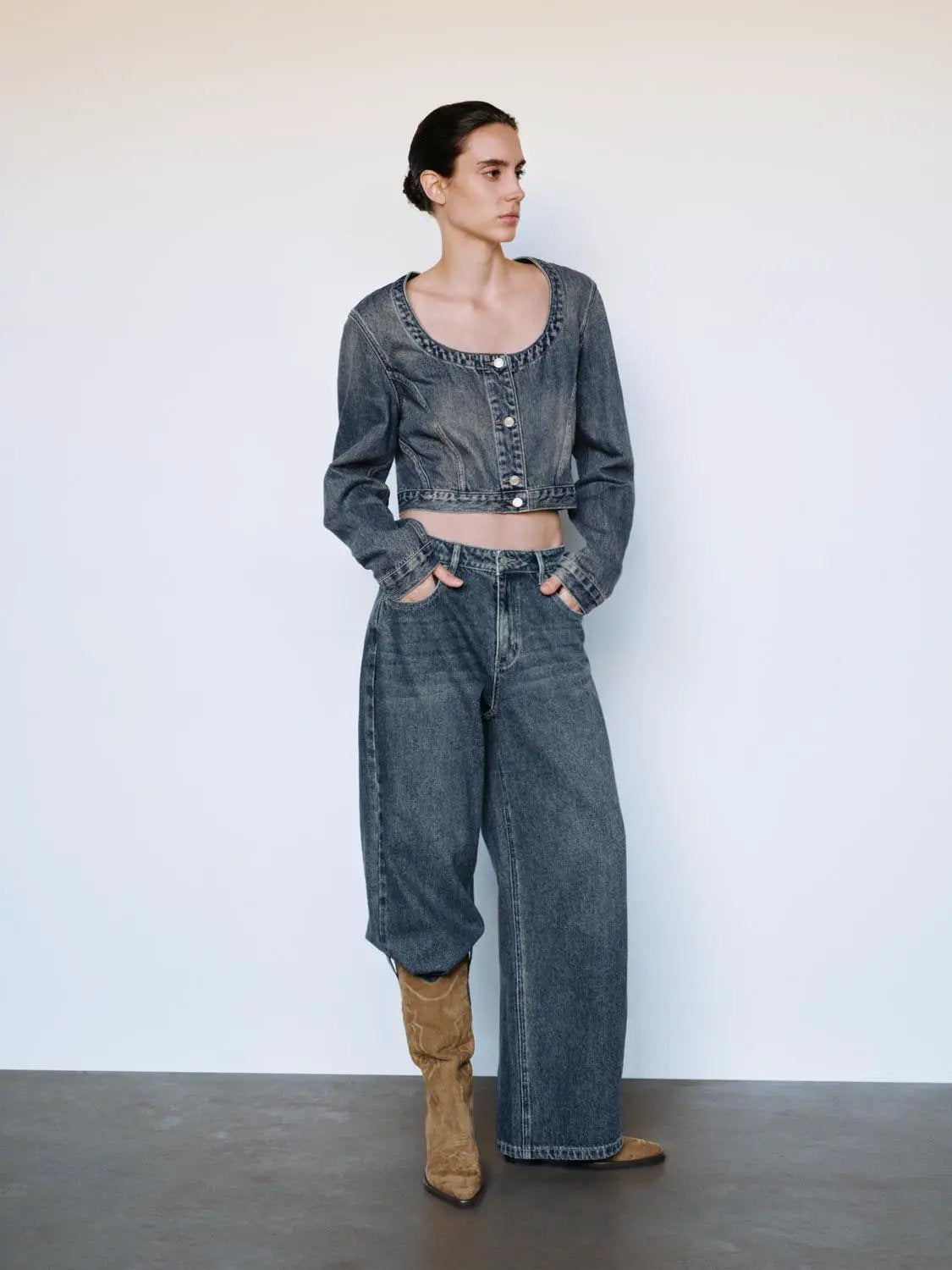 Square Neck Long Sleeve Cotton Denim Jacket